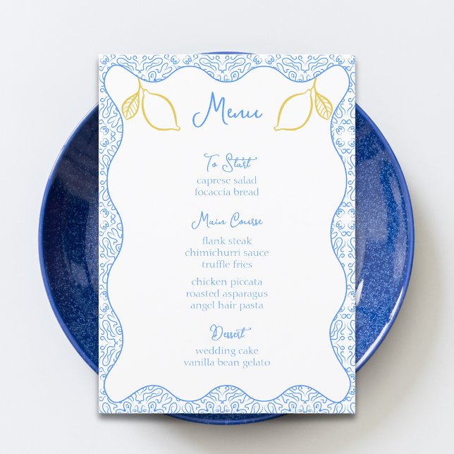 Menu Élégant citron et carrelage bleu Mariage méditerra (Créateur téléchargé)