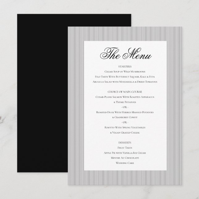 Menu Élégant classique Formel Noir Blanc Mariage Dîner (Devant / Derrière)