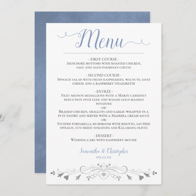 Menu Elégant Coeurs Argent Filigree Dusty Mariage Bleu (Devant / Derrière)