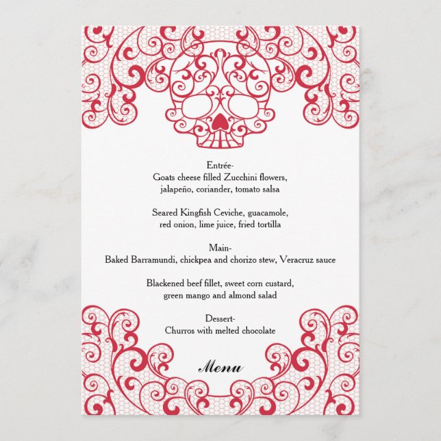Menu Elégant crâne en dentelle rouge Calavera Mariage C (Devant)
