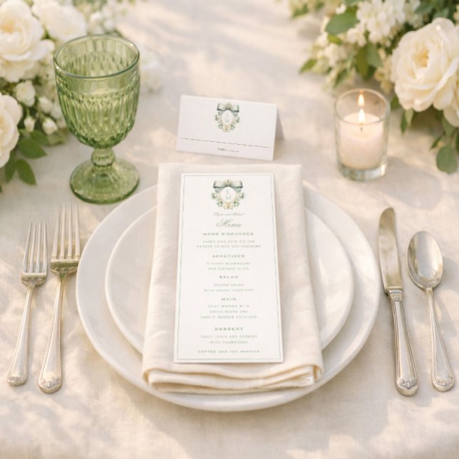 Menu Elegant Crest w/ Sage Green Bow | Monogram Wedding (Créateur téléchargé)