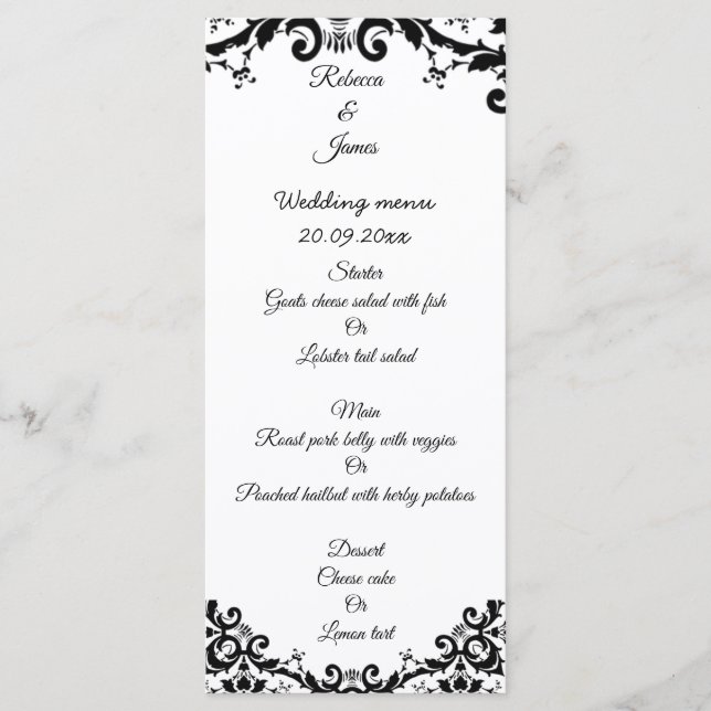 Menu Elégant Damask Floral Black & White Mariage (Devant)