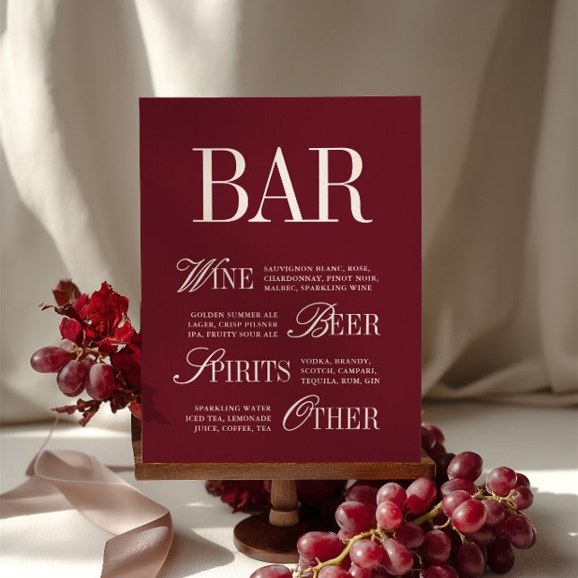Menu élégant de bar en bordeaux pour table de mari (Elegant Burgundy Bar Menu Drinks Wedding Tabletop)