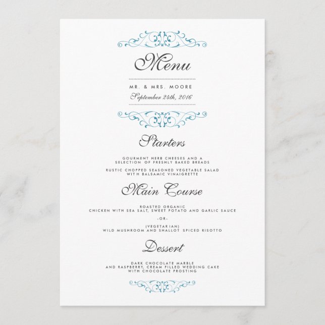 Menu élégant de dîner de mariage à flourish bleu (Devant)