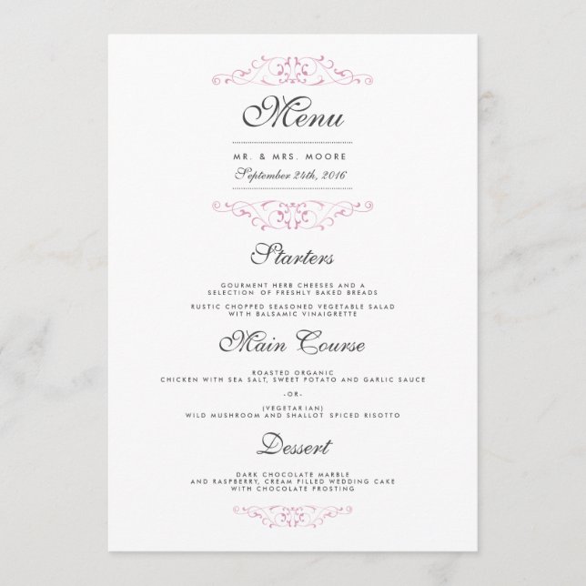 Menu élégant de dîner de mariage avec fioritures r (Devant)