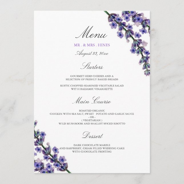 Menu élégant de dîner de mariage lavande (Devant)