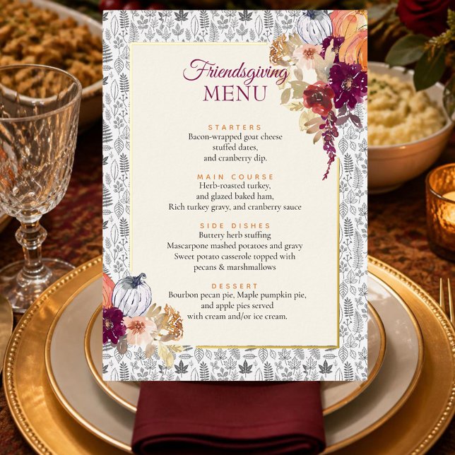 Menu élégant de dîner Friendsgiving citrouille et  (Créateur téléchargé)