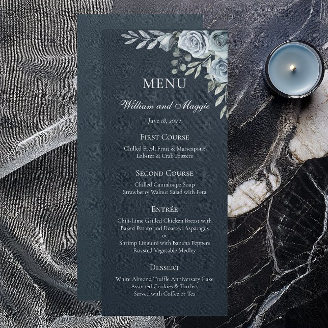 Menu élégant de fleurs de marine pour le 25e anniv (Elegant navy floral 25th anniversary menu card for formal dinner settings)