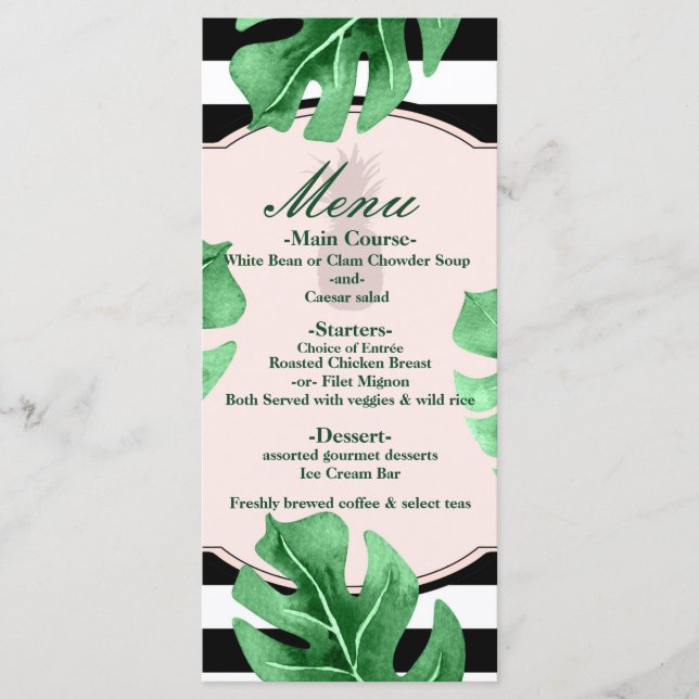 Menu élégant de mariage aux feuilles tropicales et (Devant)