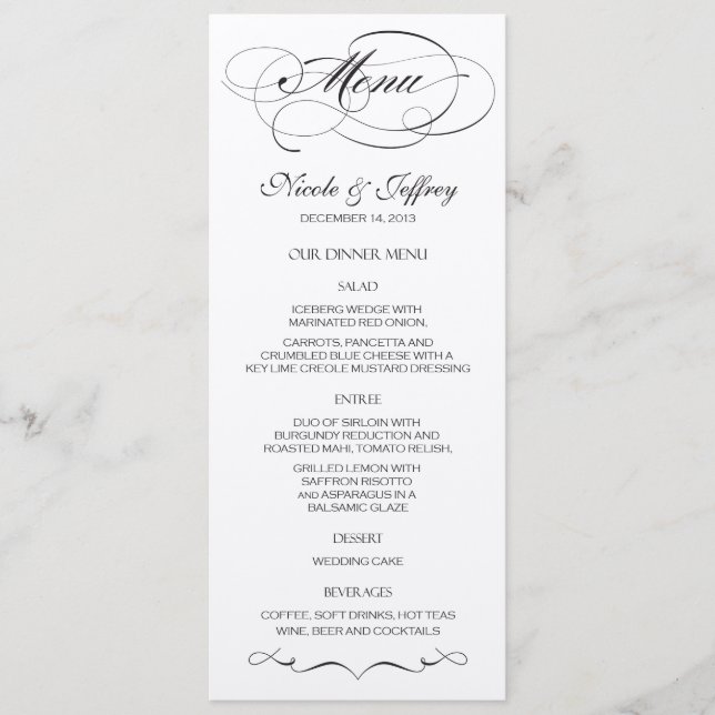 Menu élégant de mariage de manuscrit - noir (Devant)