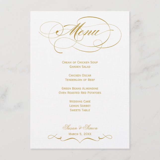 Menu élégant de mariage de manuscrit - or (Devant)