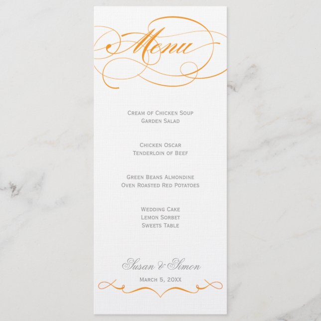 Menu élégant de mariage de manuscrit - orange (Devant)