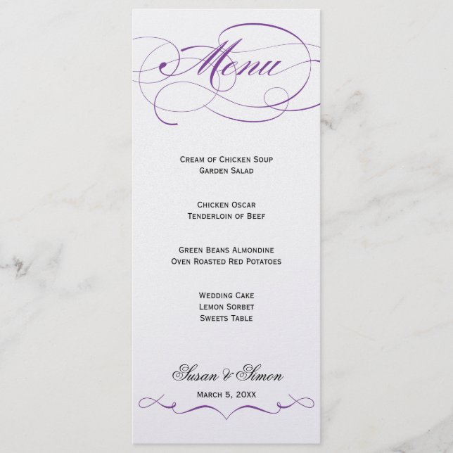 Menu élégant de mariage de manuscrit - pourpre (Devant)