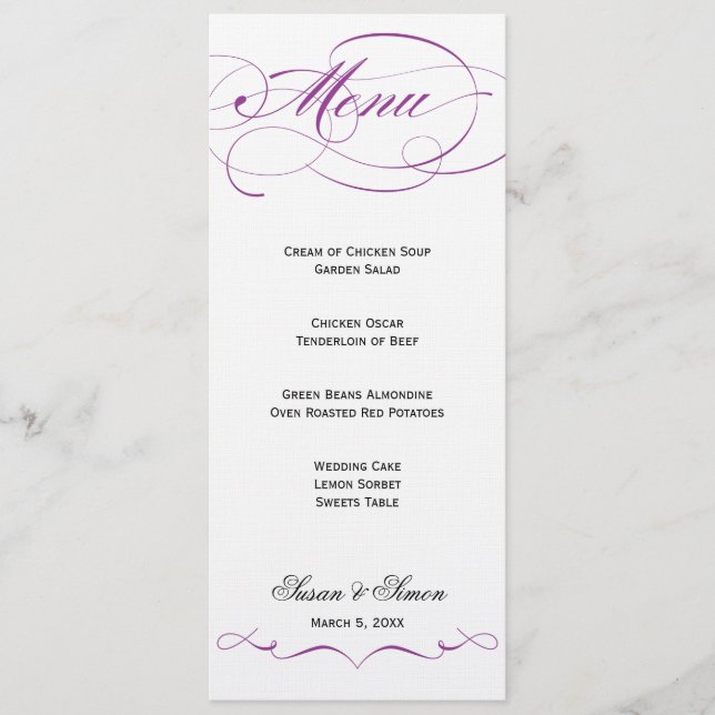 Menu élégant de mariage de manuscrit - pourpre (Devant)