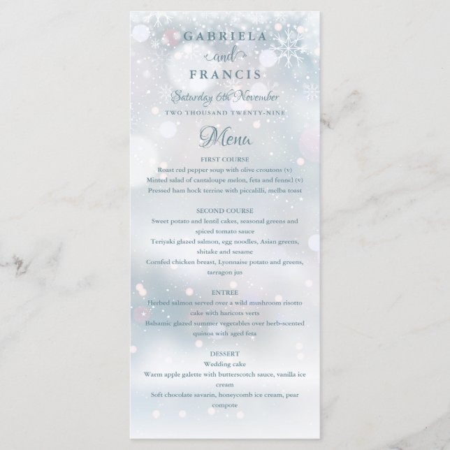 Menu Élégant de Mariage d'Hiver Flocons de Neige (Devant)