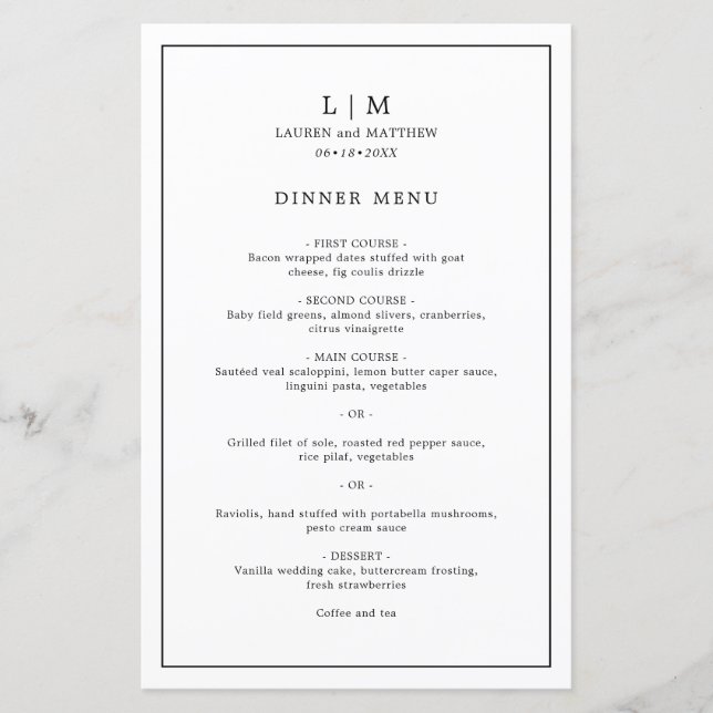 Menu Élégant de Mariage Noir et Blanc Simple (Devant)