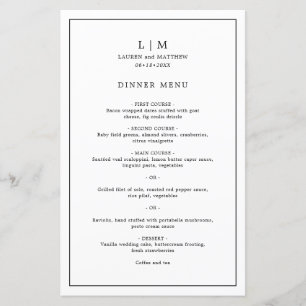 Menu Élégant de Mariage Noir et Blanc Simple