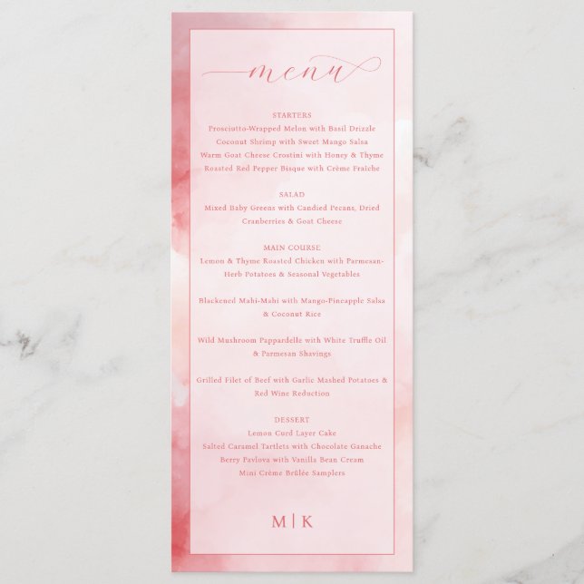 Menu Élégant de Mariage Rose Romantique (Devant)