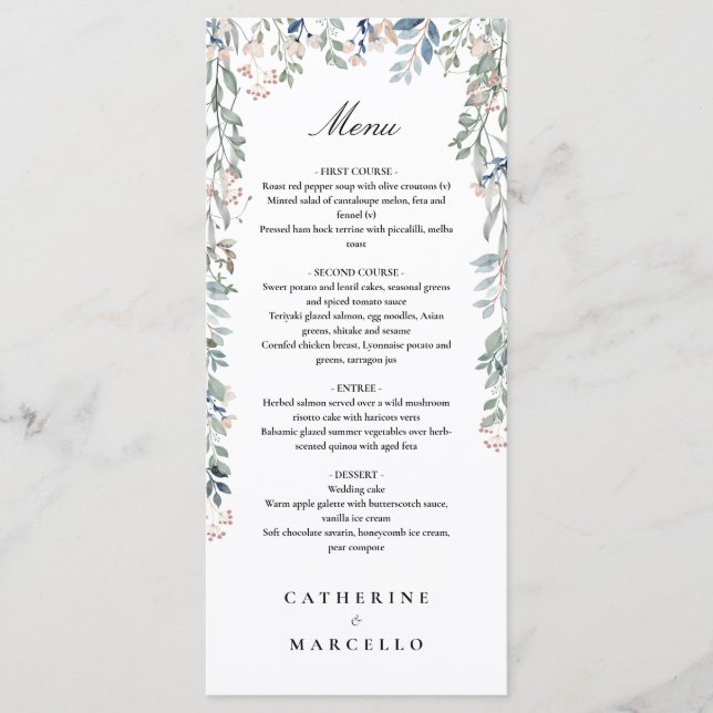 Menu Élégant dîner de mariage de fleurs sauvages (Devant)