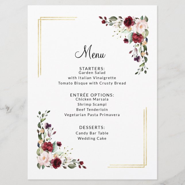 Menu Élégant Dîner Mariage Floral Burgundy Gold Foil (Devant)