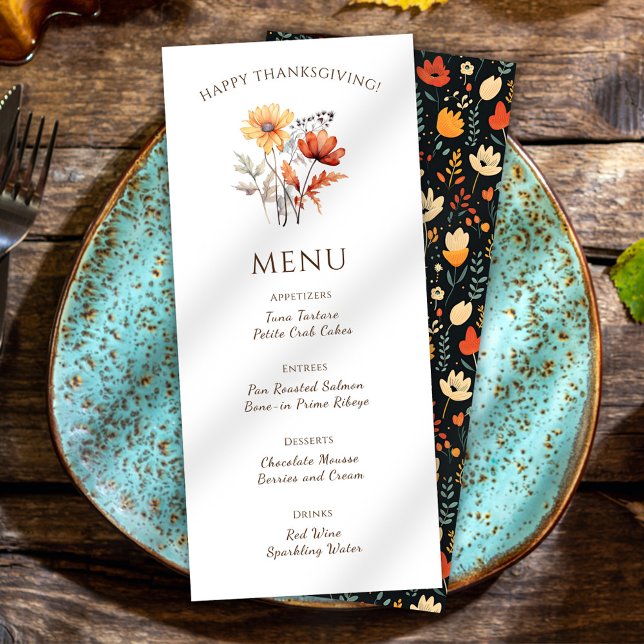Menu Élégant Dîner Thanksgiving Floral Rustic Fall (Floral Elegant Thanksgiving Dinner Menu)