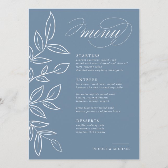 Menu Elégant Dusty bleu minimaliste Feuille Mariage (Devant)