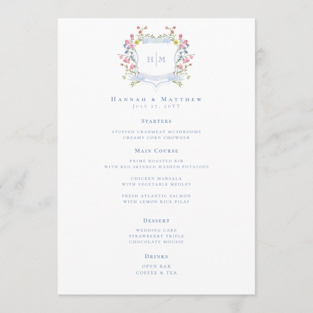 Menu Elegant Dusty Blue Pastel Wildflower Crest Wedding (Devant)