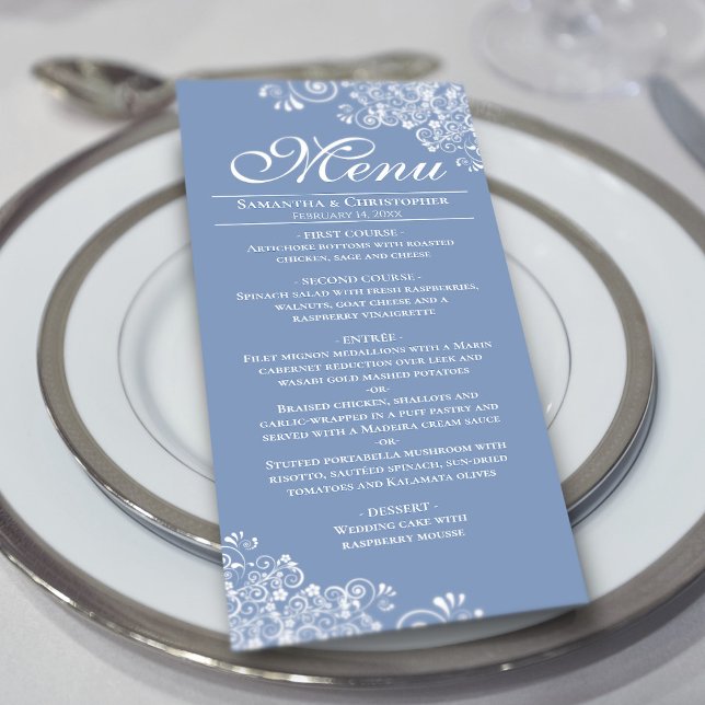 Menu Elégant Dusty Blue & White Frilly Corners Mariage (On Plate)