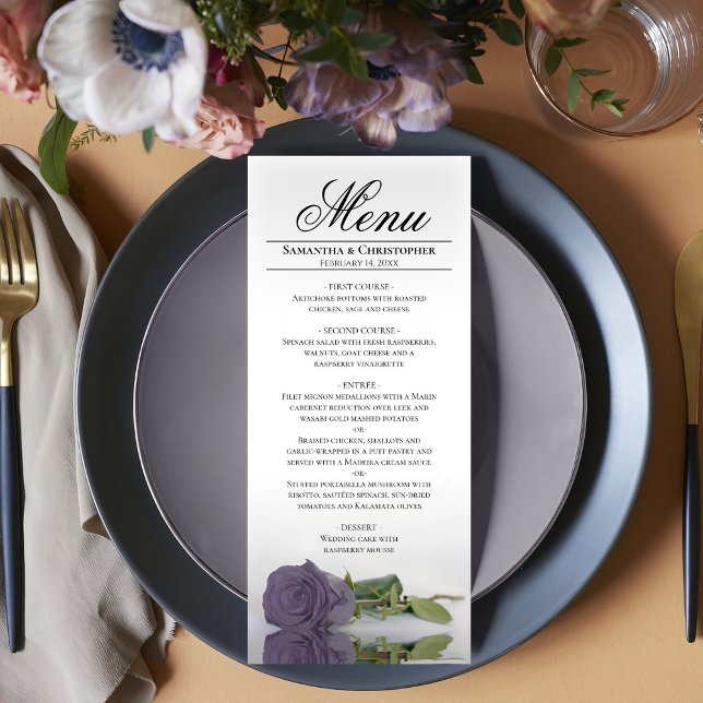 Menu Elégant Dusty Purple Rose Réflexions Mariage (In Situ on Plate)