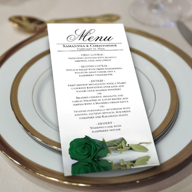 Menu Élégant Emerald Green Rose Réflexions Mariage (Créateur téléchargé)