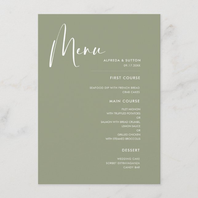 Menu Élégant et moderne mariage vert Sage (Devant)