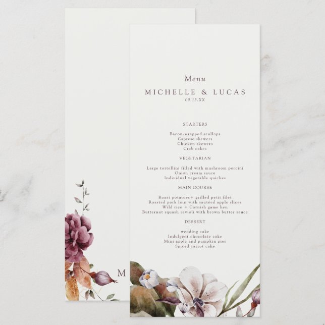 Menu Elegant Fall Floral Wedding  (Devant / Derrière)
