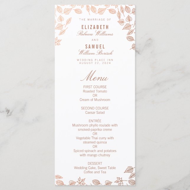 Menu Elégant Feuilles d'automne Faux Cuivre Mariage Men (Devant)