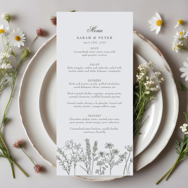 Menu Élégant Fleur sauvage Boho Olive Green Mariage (Créateur téléchargé)
