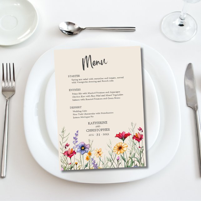 Menu Elégant Fleur sauvage coloré Mariage beige (Colorful Wildflowers Wedding Menu with purple, orange, red jewel tone flowers, menu choices.)