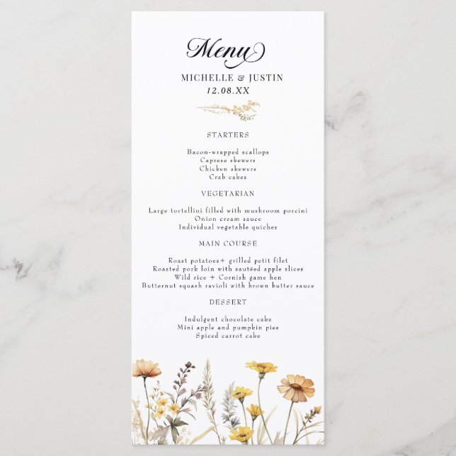 Menu Élégant Fleur sauvage de calligraphie Mariage (Devant)