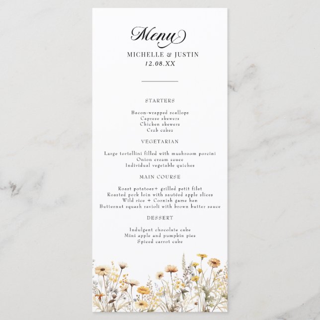 Menu Élégant Fleur sauvage de calligraphie Mariage (Devant)