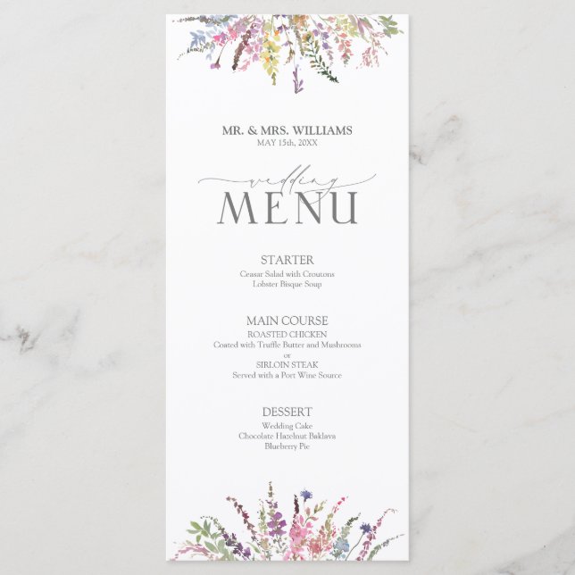 Menu Élégant Fleur sauvage  Floral Mariage (Devant)