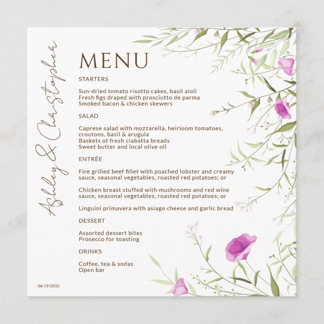 Menu Élégant Fleur sauvage moderne blanc & Mariage de b (Devant)