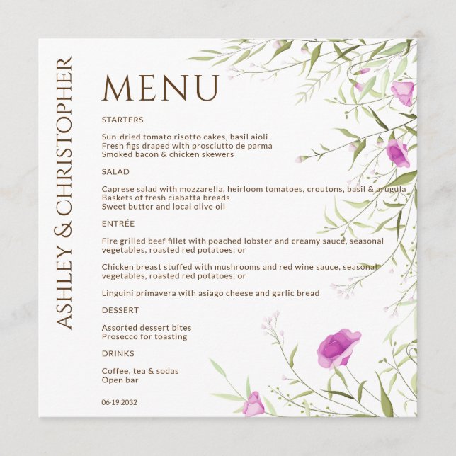 Menu Élégant Fleur sauvage moderne blanc & Mariage de b (Devant)
