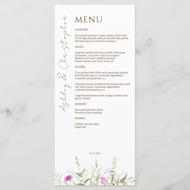 Menu Élégant Fleur sauvage moderne blanc & Mariage de b (Devant)
