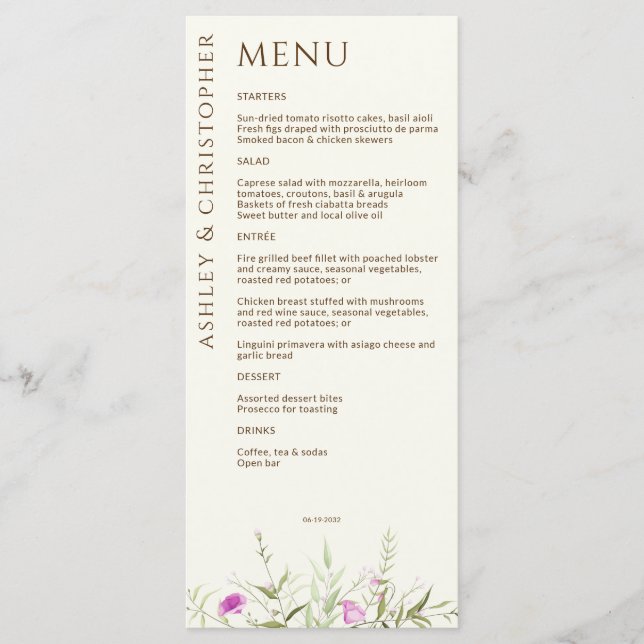Menu Élégant Fleur sauvage moderne Mariage off-White (Devant)