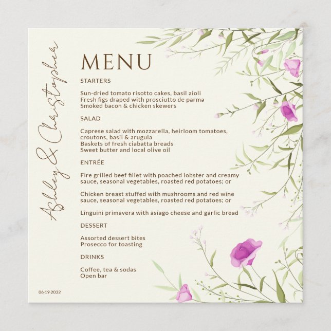 Menu Élégant Fleur sauvage moderne Mariage off-White (Devant)