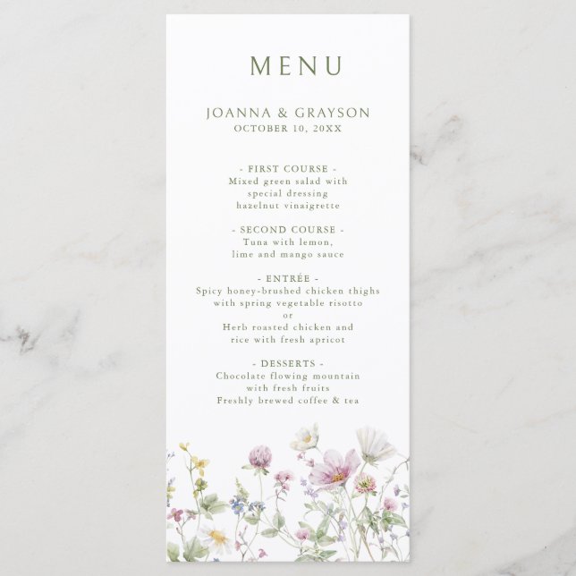 Menu Élégant Fleur sauvage Pastel Soft Mariage botaniqu (Devant)