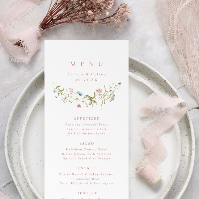 Menu Elégant Fleur sauvage rose Dusty Rustic Boho Maria (Elegant Dusty Pink Wildflower Rustic Boho Wedding Menu)