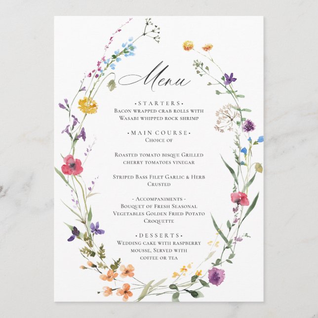 Menu Elégant Fleurs sauvages d'aquarelle Boho Mariage D (Devant)