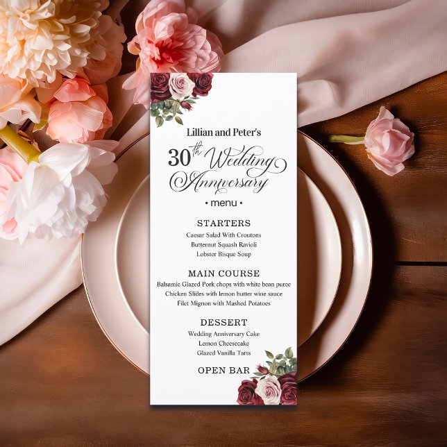 Menu Élégant Floral 30e Anniversaire de Mariage (Créateur téléchargé)