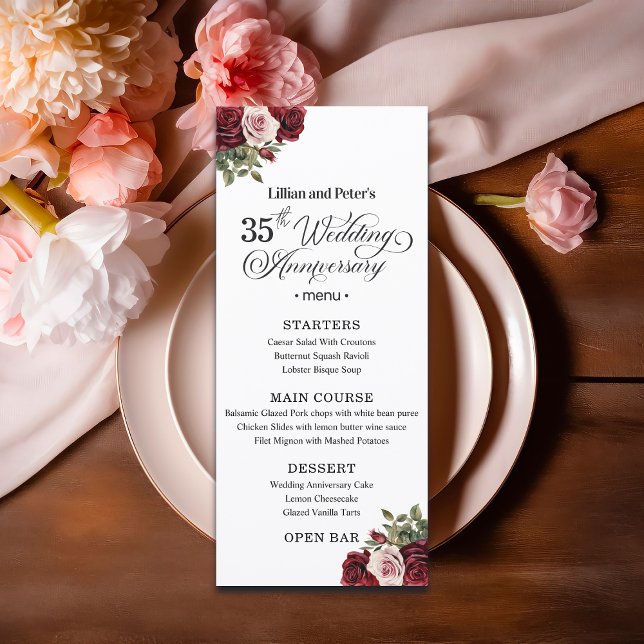 Menu Elegant Floral 35th Wedding Anniversary (Créateur téléchargé)