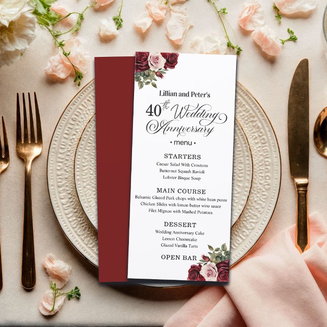 Menu Elegant Floral 40th Wedding Anniversary (Créateur téléchargé)