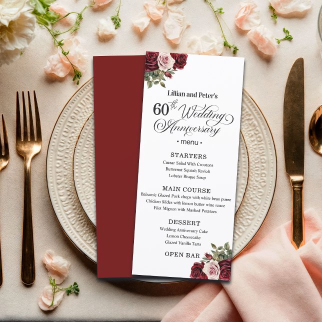 Menu Élégant Floral 60e Anniversaire de Mariage (Créateur téléchargé)